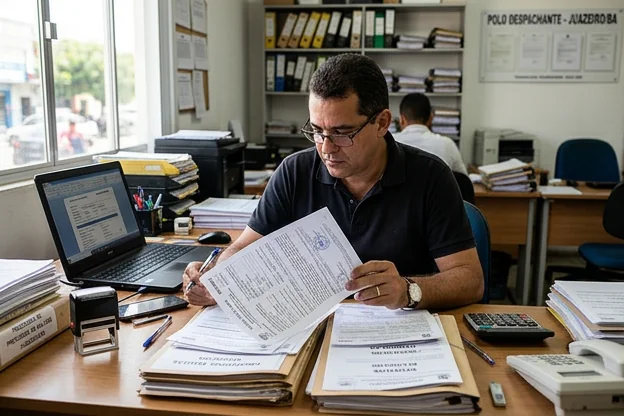 Despachante analisando documentos de multas em Juazeiro.